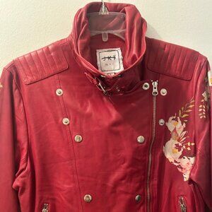 Jakett NEW YORK Harley Red Leather Floral Stud Accent Biker Style Jacket NWT